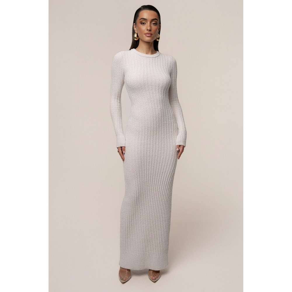 JLuxLable Cream Ribbed Knit Sweater Long Sleeve Maxi Dress Textured Crew Neck